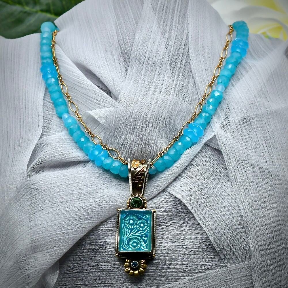 Mars And Valentine Echo Of The Dreamer Aqua Glass Intaglio Necklace Beaded